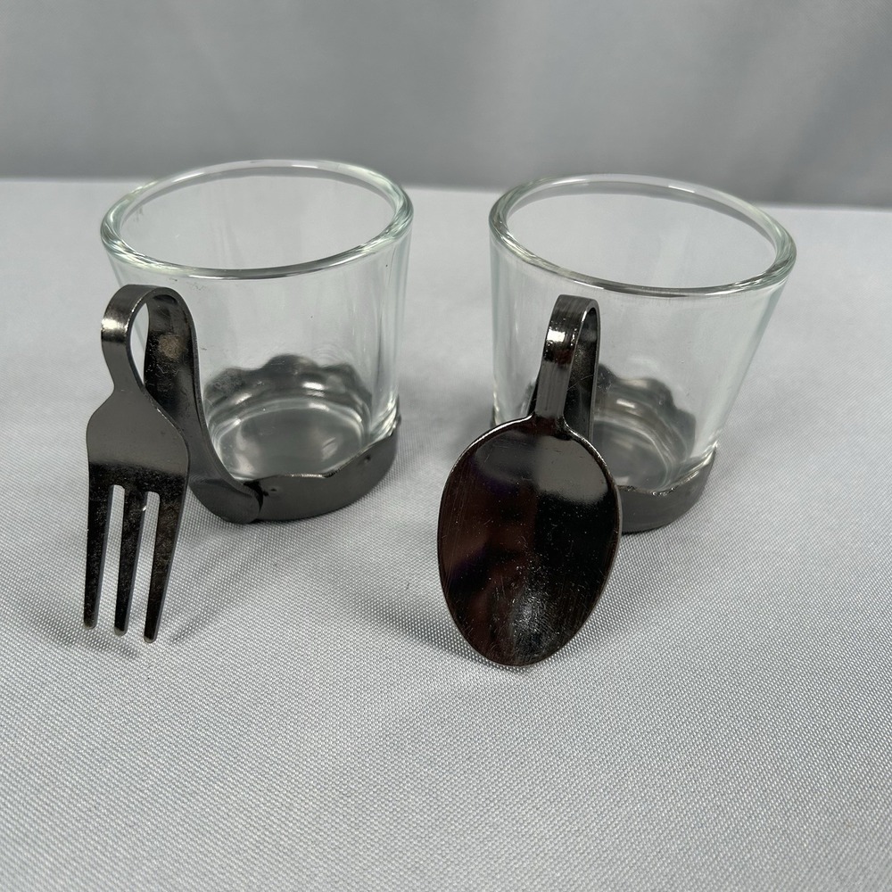 Yankee Candle Votive Tea Light Candle Holder Spoon Fork Set Glass Metal Decor